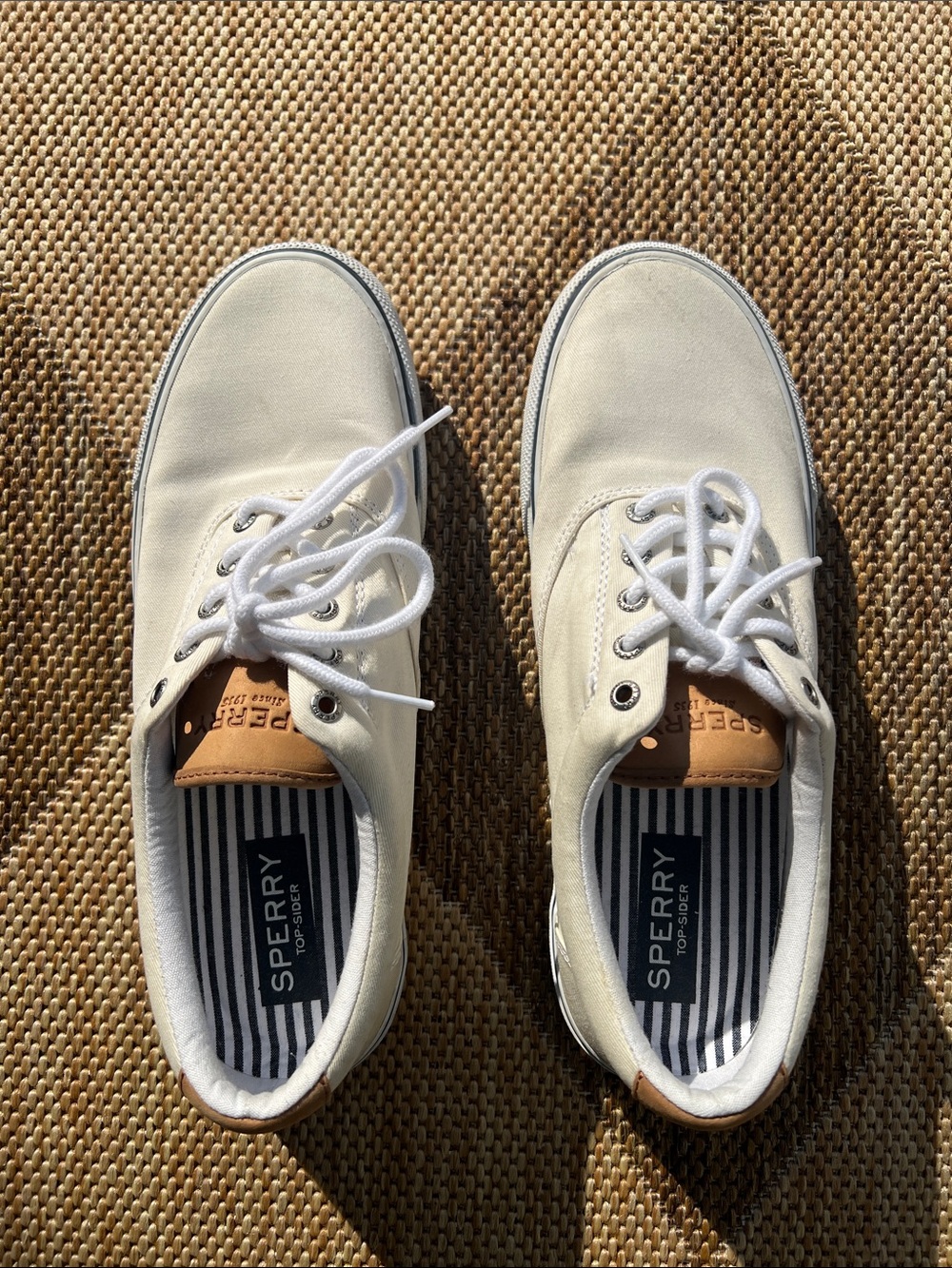 Sperry White Canvas Men's Boat Shoes with Tan Accents Size 11